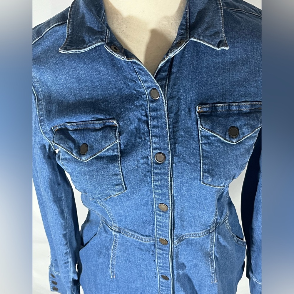 Free People Long Sleeve Snap Front Blue Stretch Mini Denim Dress Tunic Medium - Picture 2 of 12